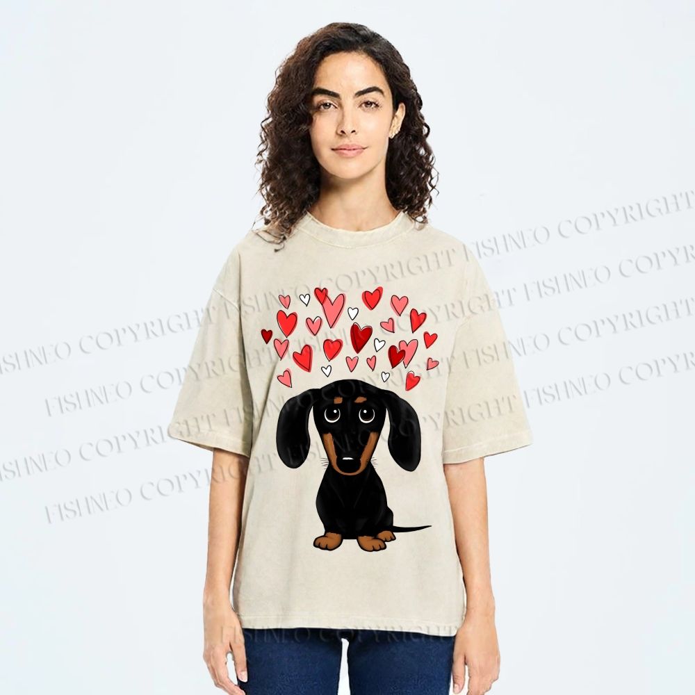 Unisex Valentine's Day Heart Dog Printed Washed Tee