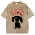 Unisex Valentine's Day Heart Dog Printed Washed Tee