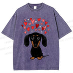 Unisex Valentine's Day Heart Dog Printed Washed Tee