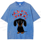 Unisex Valentine's Day Heart Dog Printed Washed Tee