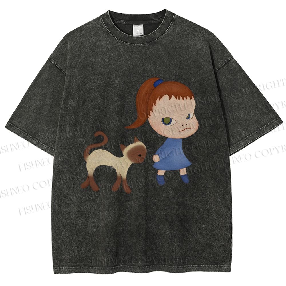 Unisex Yoshitomo Nara Girl Cat Printed Washed Tee