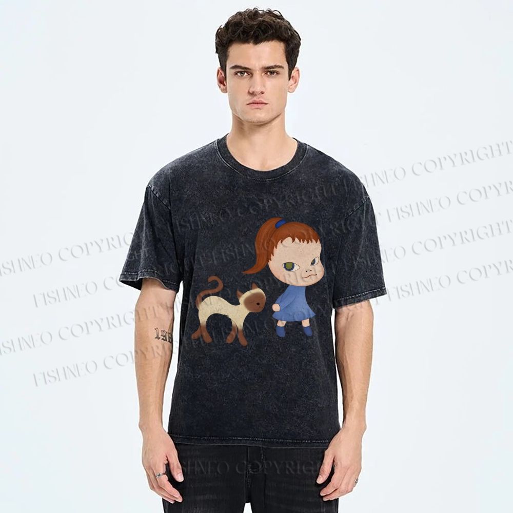 Unisex Yoshitomo Nara Girl Cat Printed Washed Tee