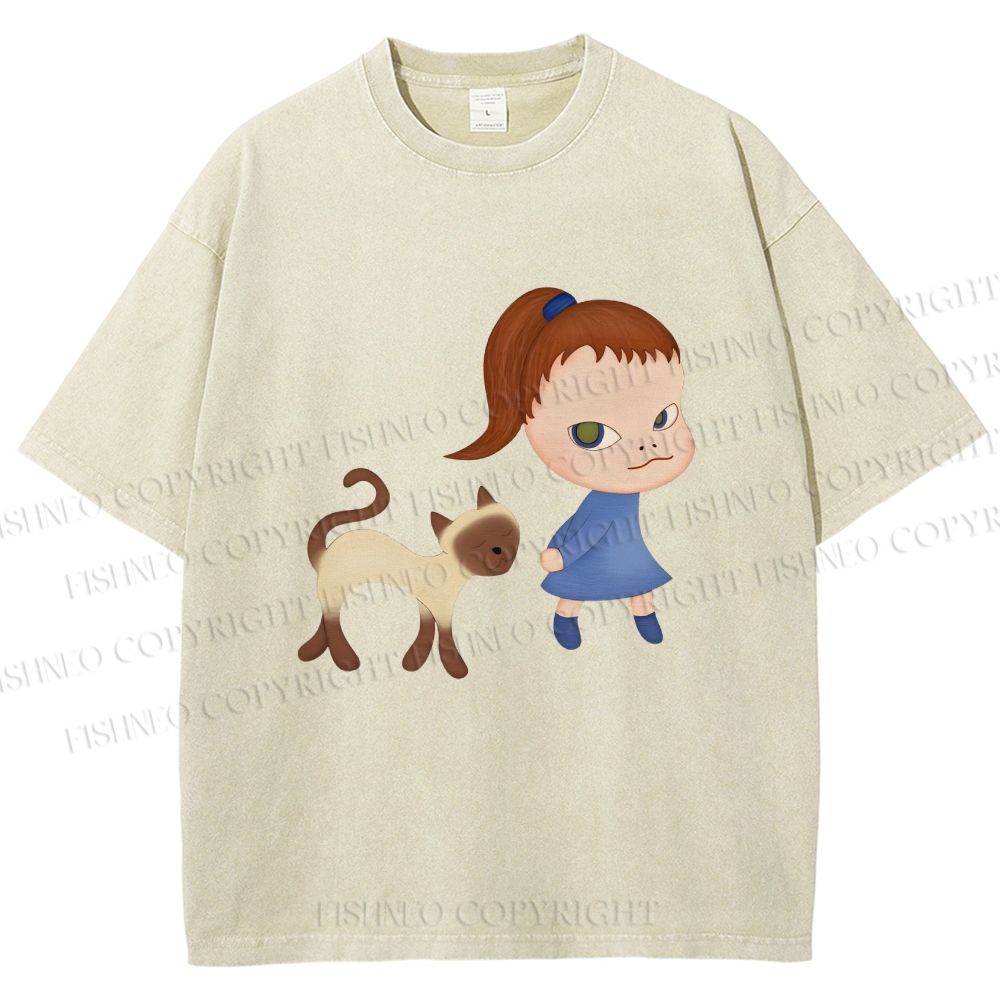 Unisex Yoshitomo Nara Girl Cat Printed Washed Tee