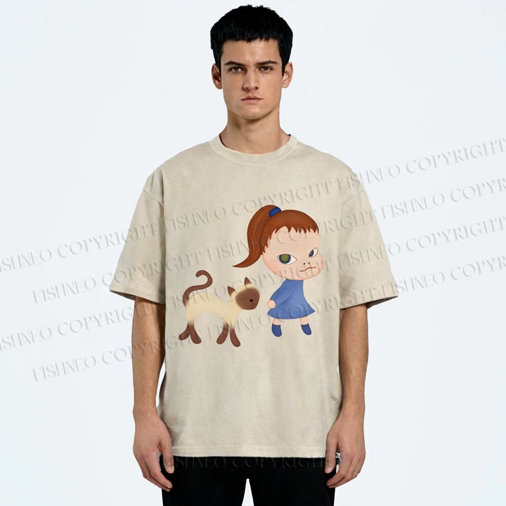Unisex Yoshitomo Nara Girl Cat Printed Washed Tee