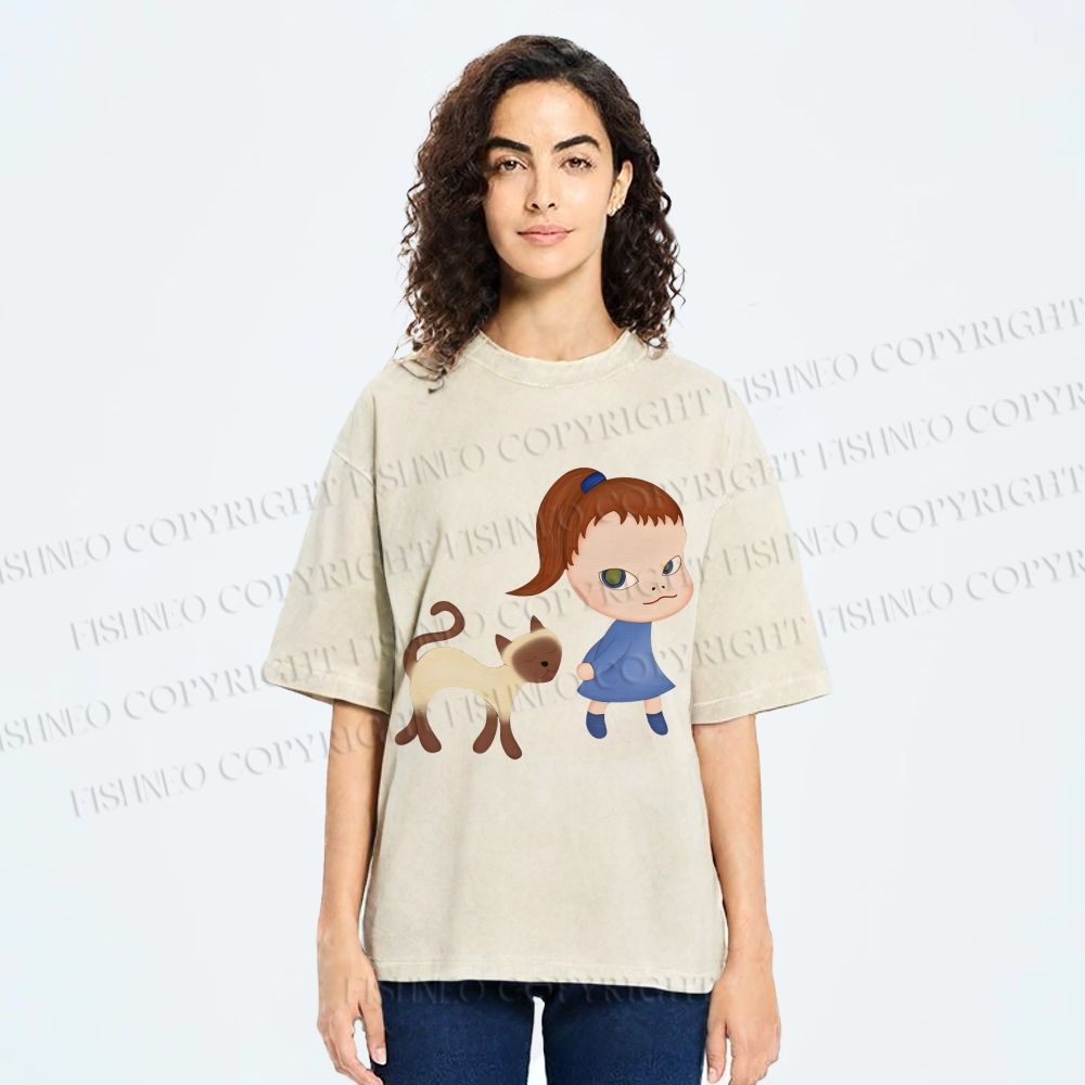 Unisex Yoshitomo Nara Girl Cat Printed Washed Tee