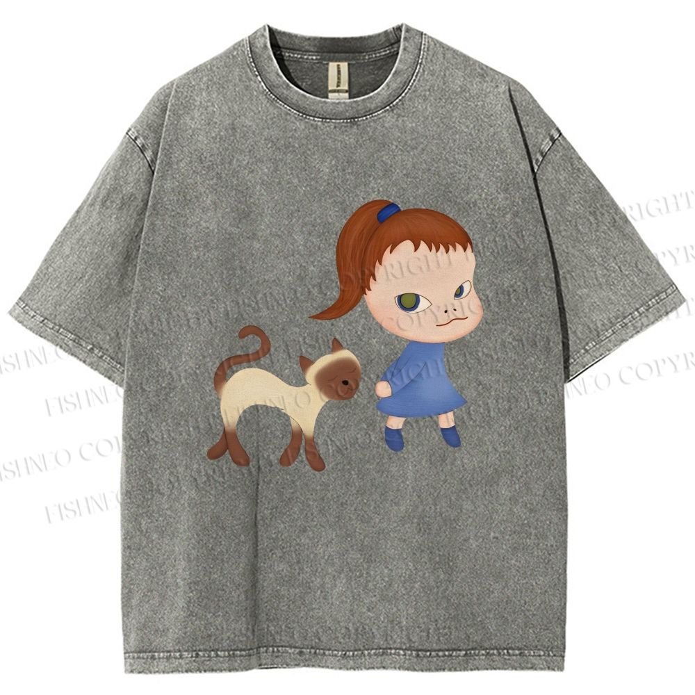 Unisex Yoshitomo Nara Girl Cat Printed Washed Tee