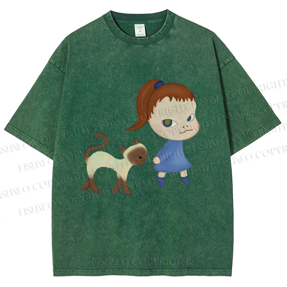 Unisex Yoshitomo Nara Girl Cat Printed Washed Tee
