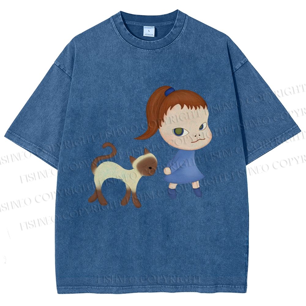 Unisex Yoshitomo Nara Girl Cat Printed Washed Tee