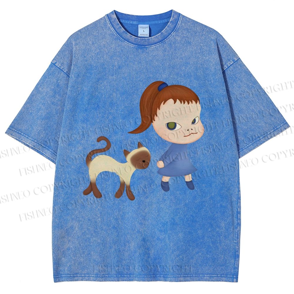Unisex Yoshitomo Nara Girl Cat Printed Washed Tee