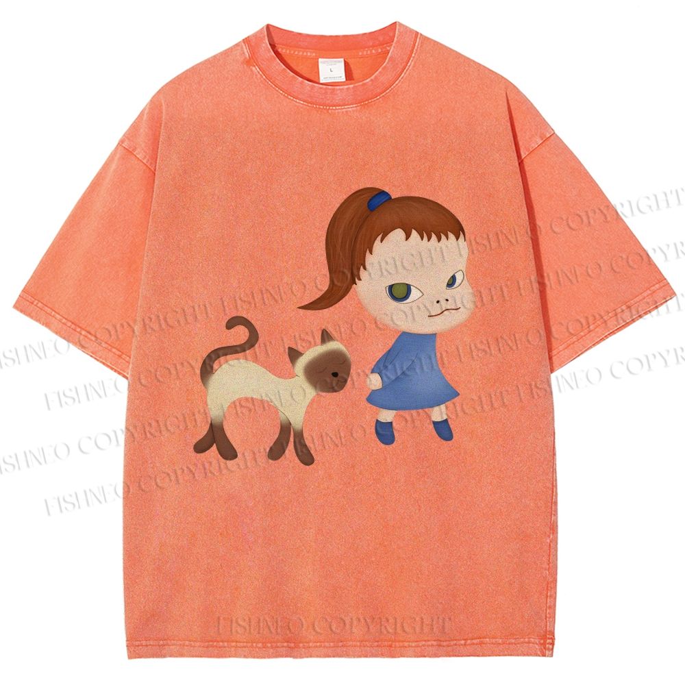 Unisex Yoshitomo Nara Girl Cat Printed Washed Tee