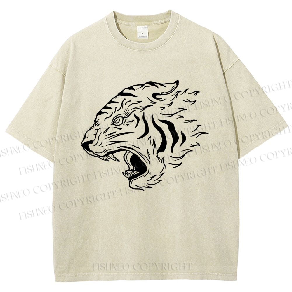 Unisex Japanese Tiger Printed Washed Tee