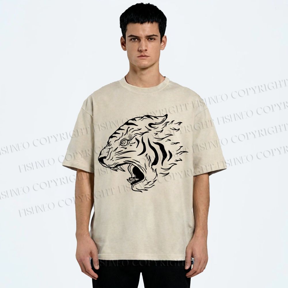 Unisex Japanese Tiger Printed Washed Tee