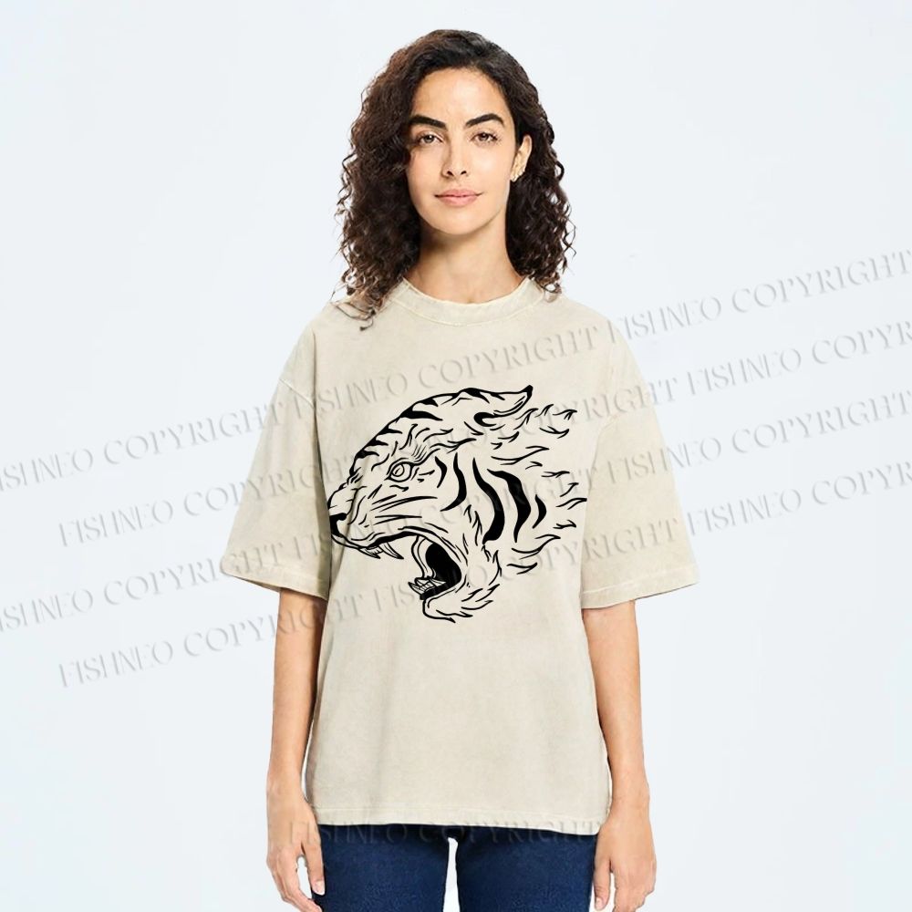 Unisex Japanese Tiger Printed Washed Tee