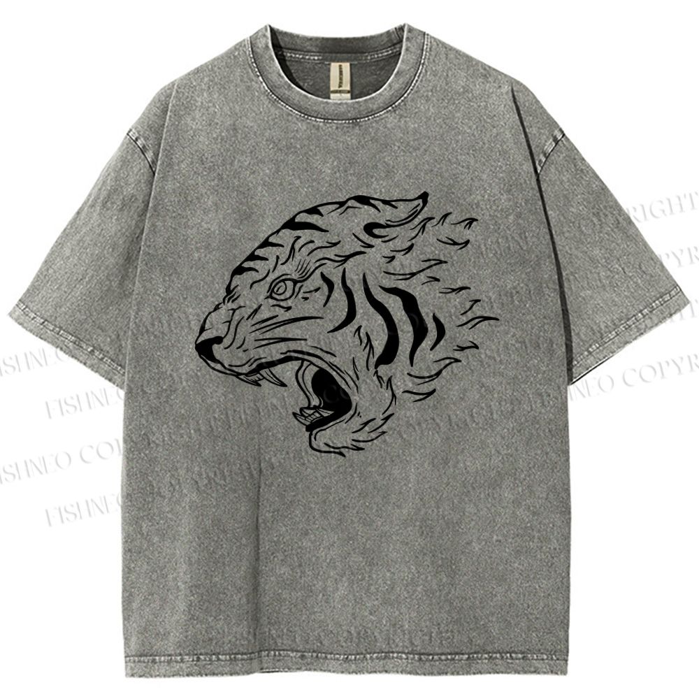 Unisex Japanese Tiger Printed Washed Tee