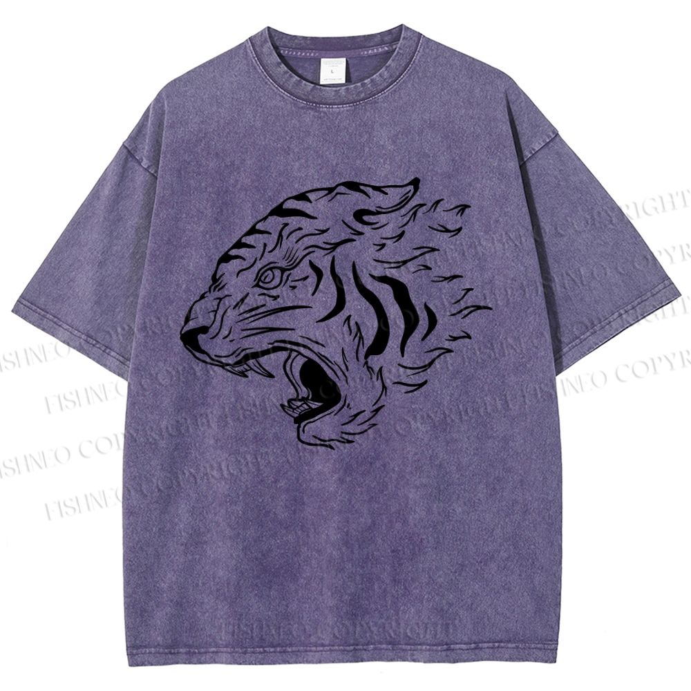 Unisex Japanese Tiger Printed Washed Tee