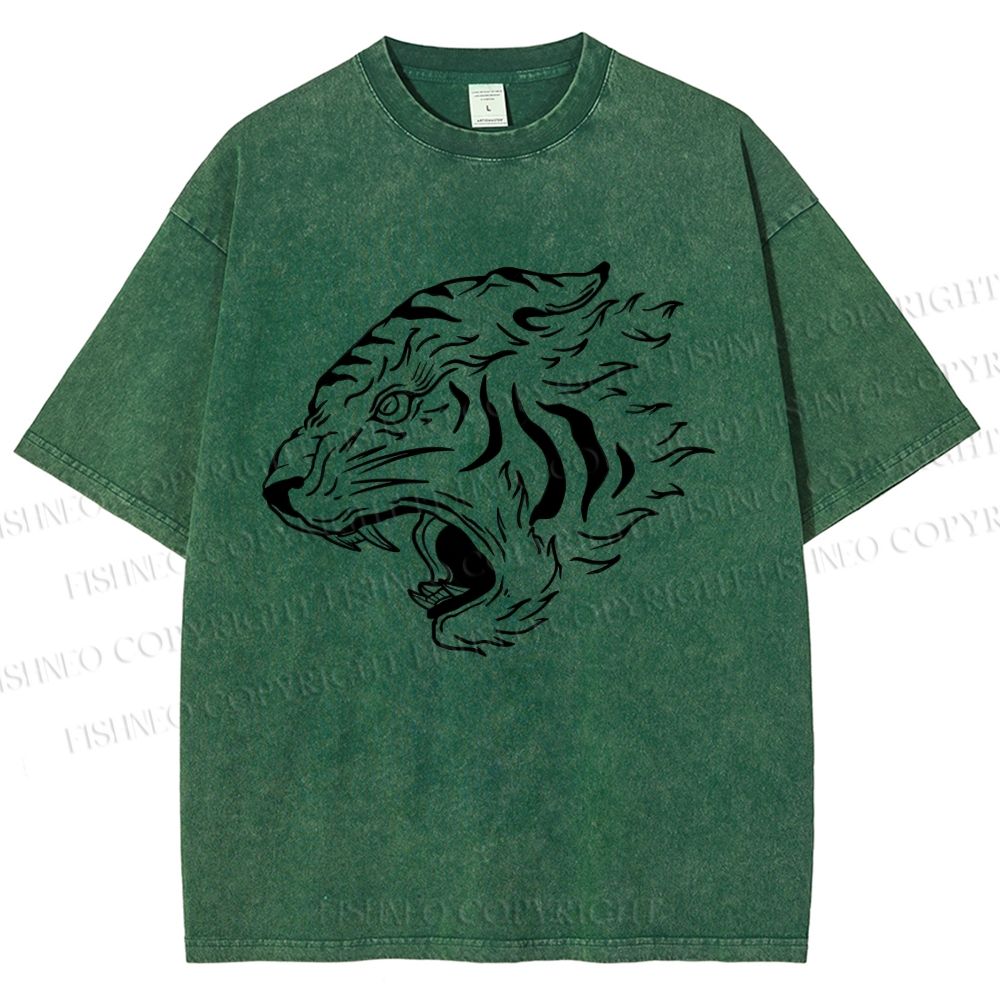 Unisex Japanese Tiger Printed Washed Tee