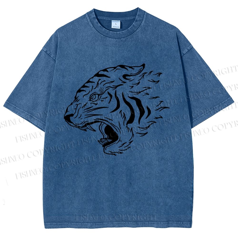 Unisex Japanese Tiger Printed Washed Tee