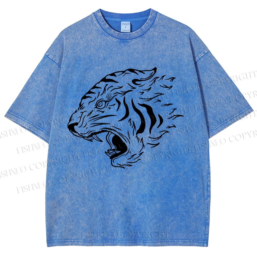 Unisex Japanese Tiger Printed Washed Tee