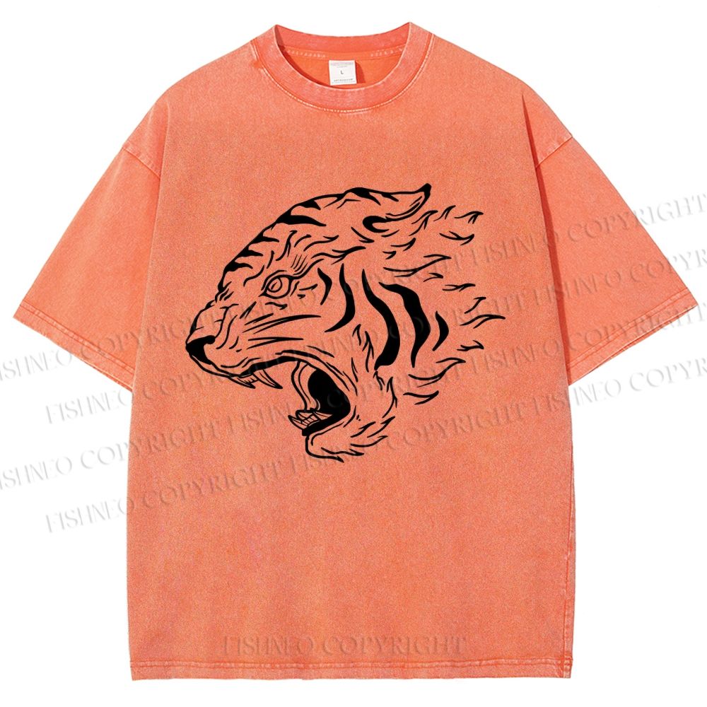Unisex Japanese Tiger Printed Washed Tee