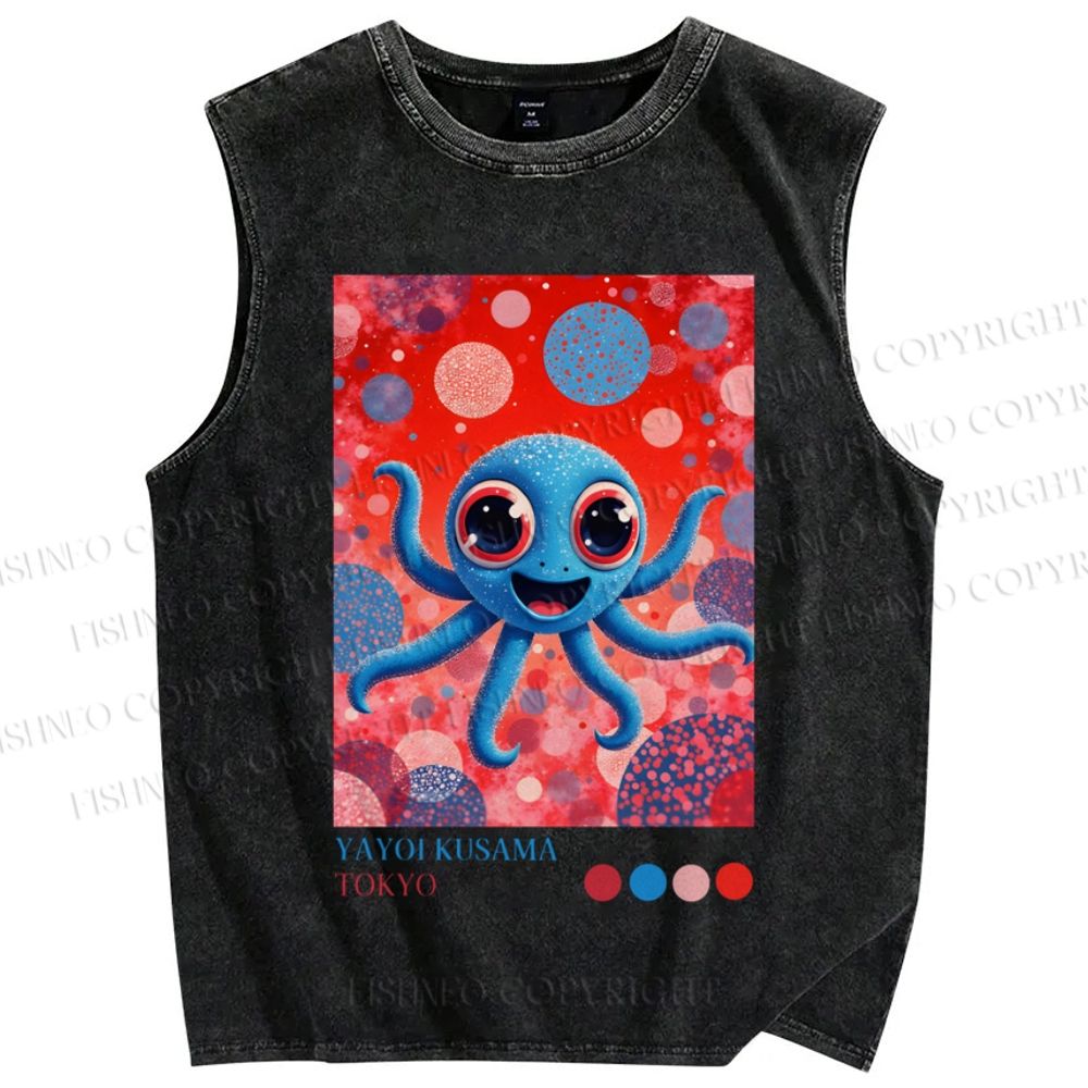 Unisex Japanese Funny Blue Octopus Printed Washed Tank Top