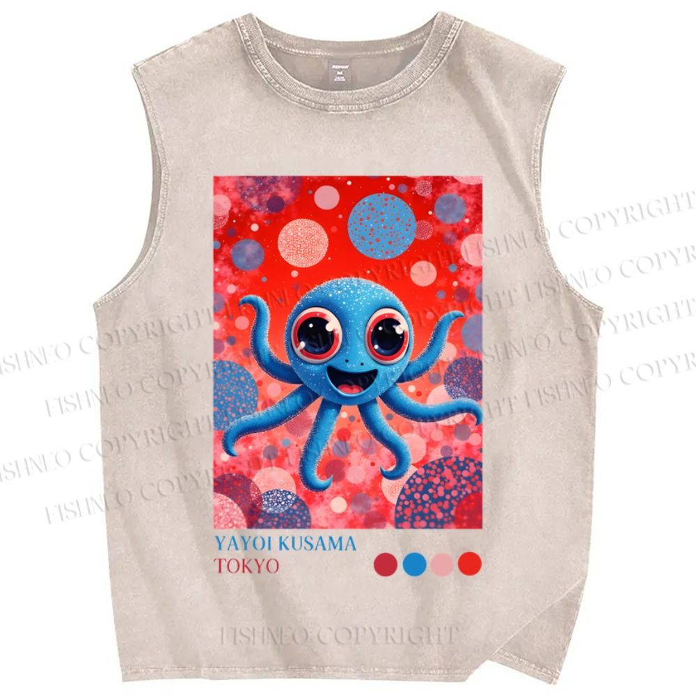 Unisex Japanese Funny Blue Octopus Printed Washed Tank Top