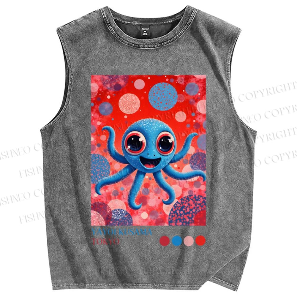 Unisex Japanese Funny Blue Octopus Printed Washed Tank Top