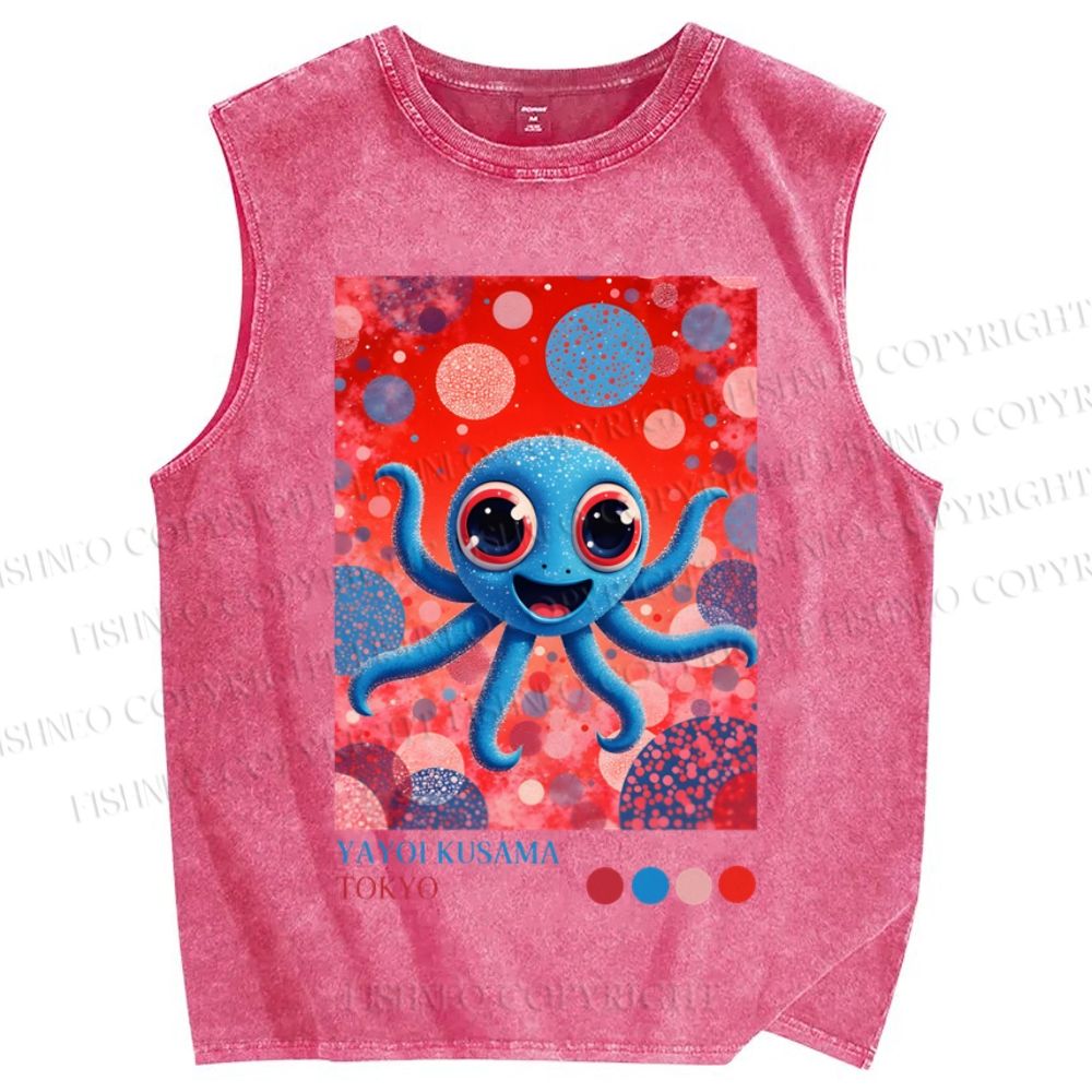 Unisex Japanese Funny Blue Octopus Printed Washed Tank Top