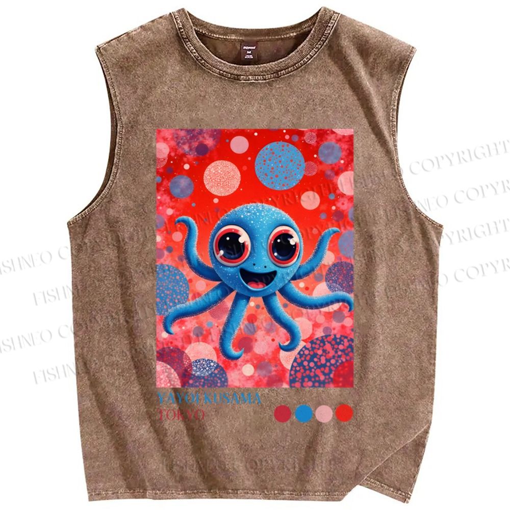 Unisex Japanese Funny Blue Octopus Printed Washed Tank Top