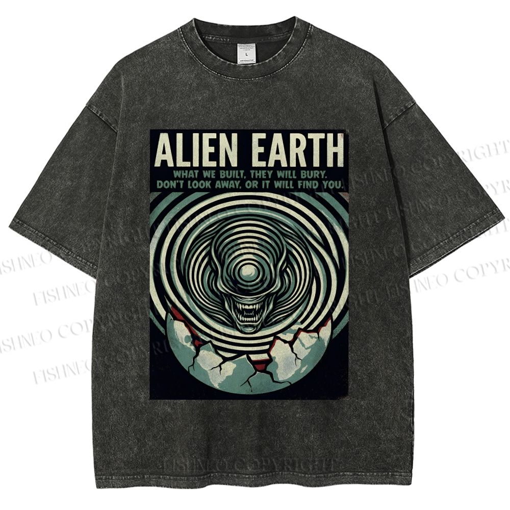 Unisex Alien Earth Poster Printed Washed Tee