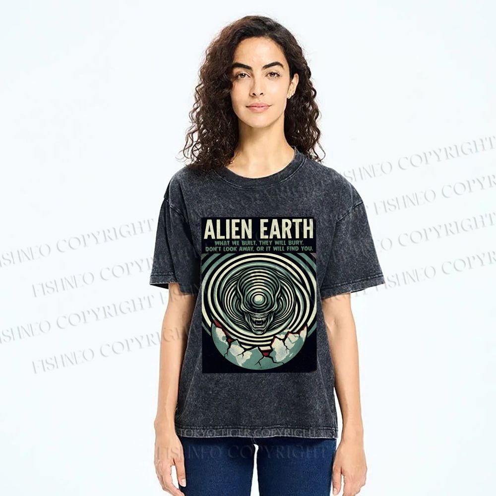 Unisex Alien Earth Poster Printed Washed Tee