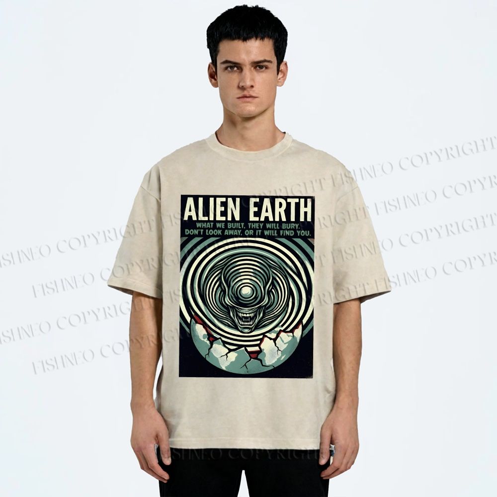 Unisex Alien Earth Poster Printed Washed Tee