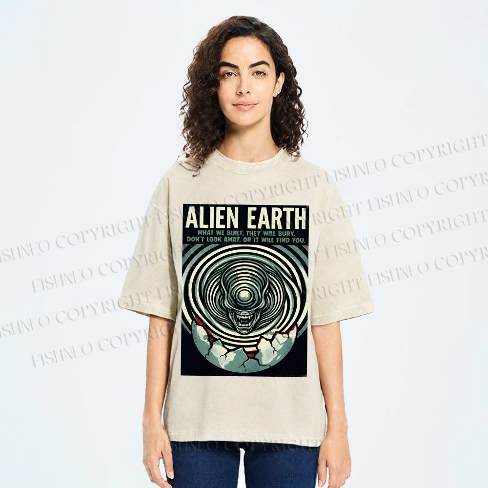 Unisex Alien Earth Poster Printed Washed Tee