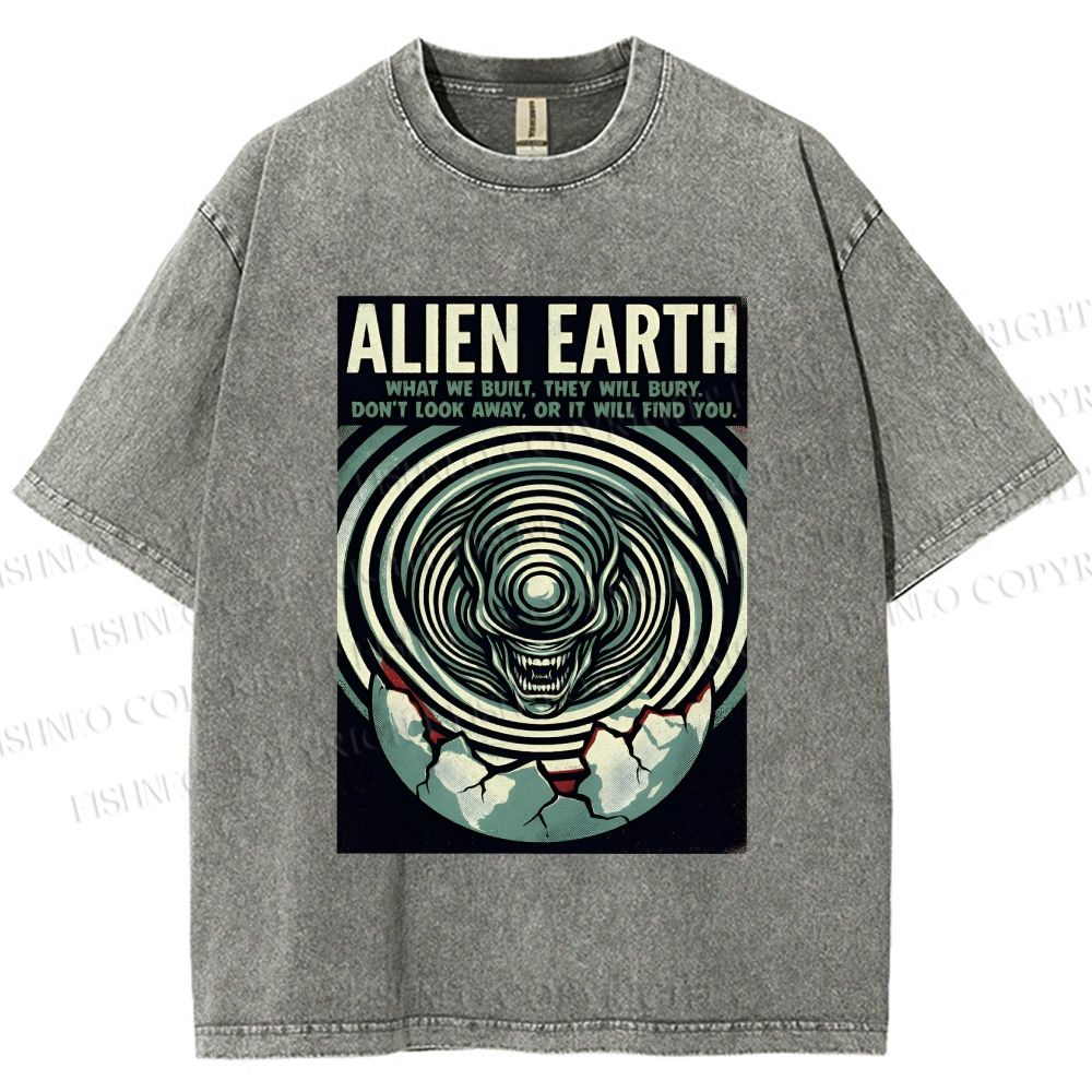 Unisex Alien Earth Poster Printed Washed Tee