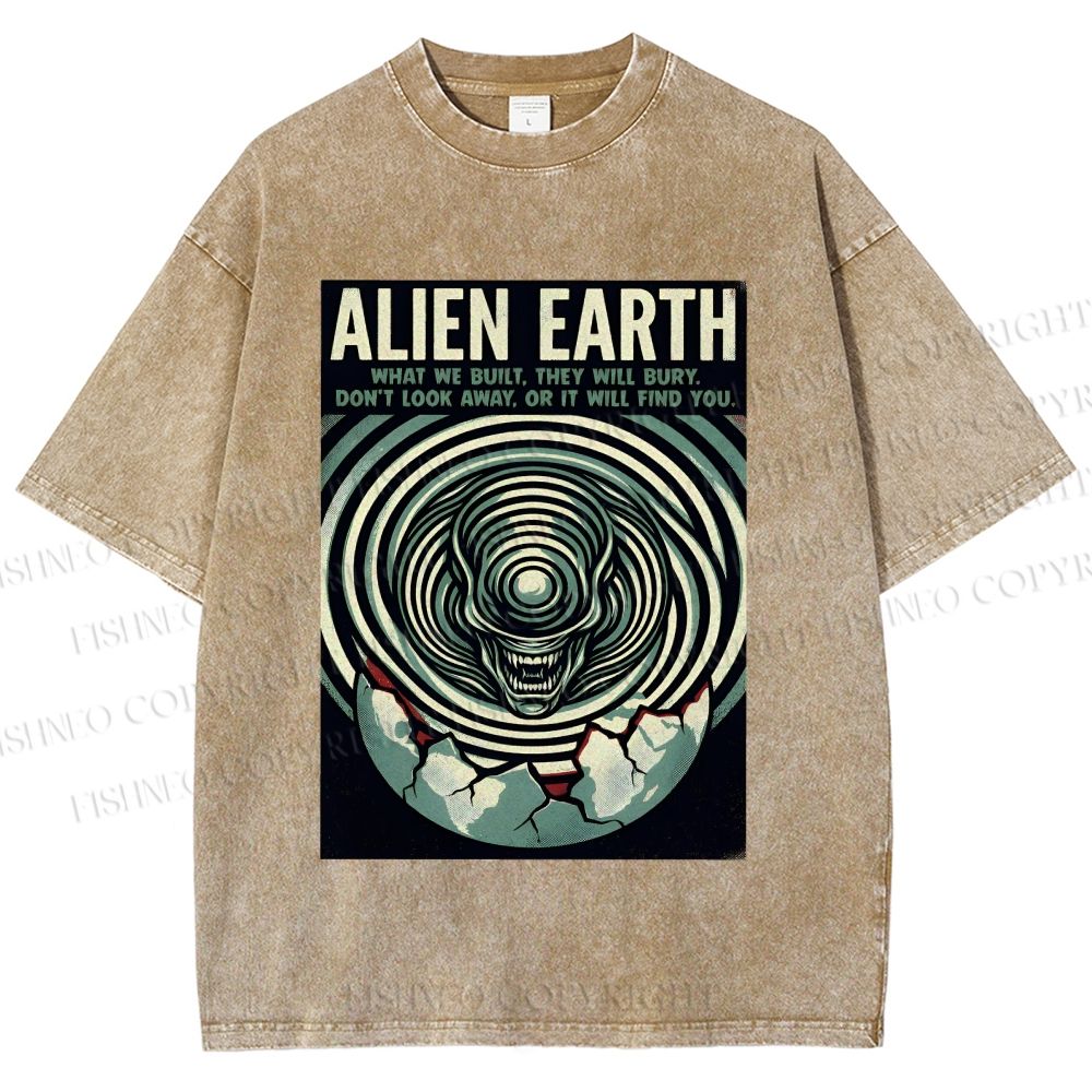 Unisex Alien Earth Poster Printed Washed Tee