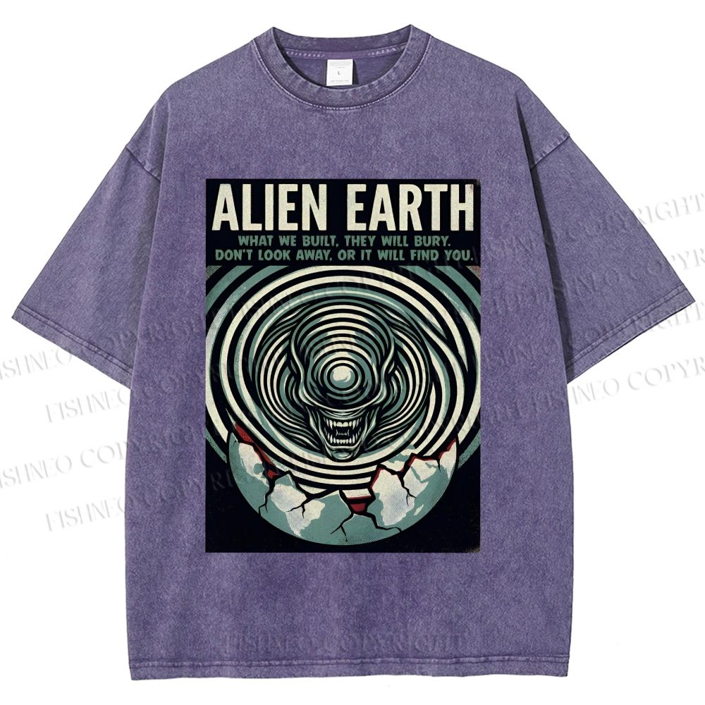 Unisex Alien Earth Poster Printed Washed Tee