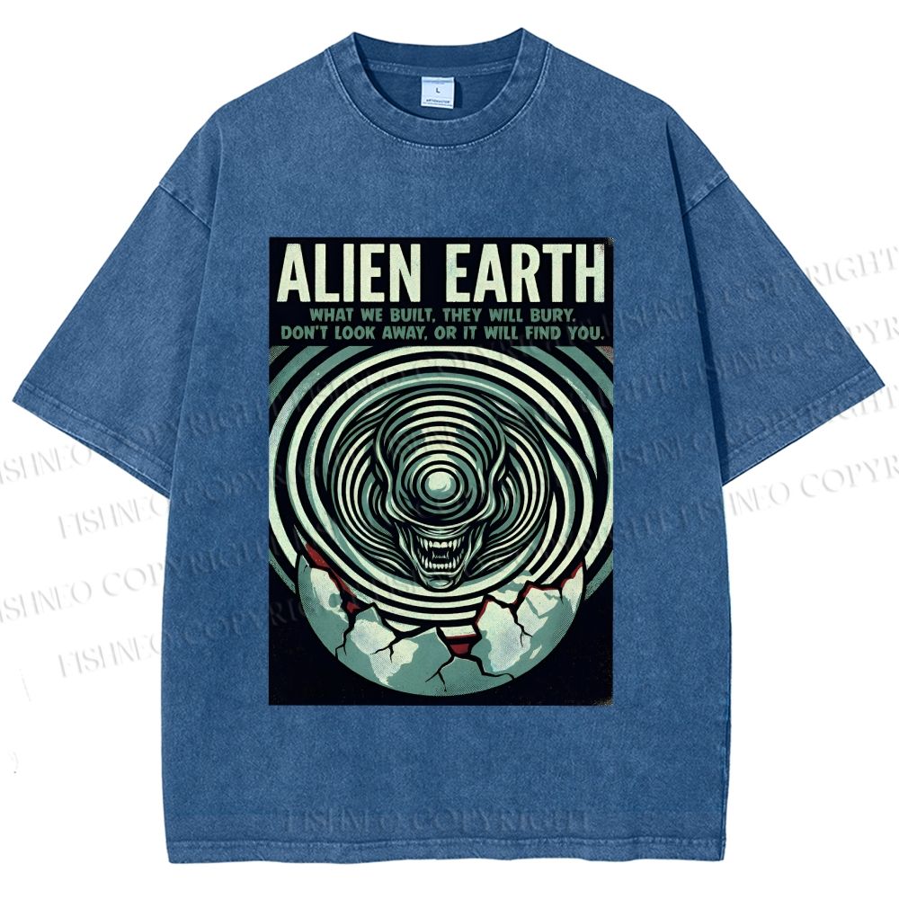 Unisex Alien Earth Poster Printed Washed Tee