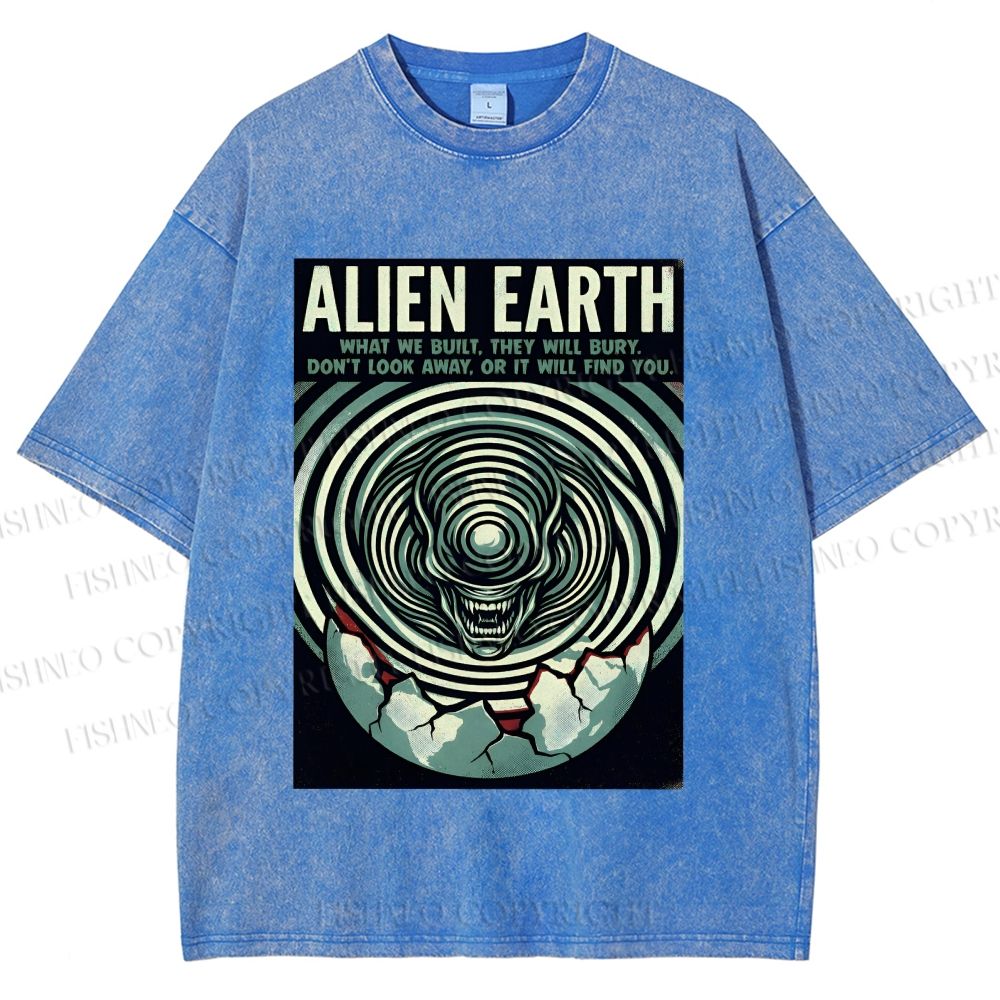 Unisex Alien Earth Poster Printed Washed Tee
