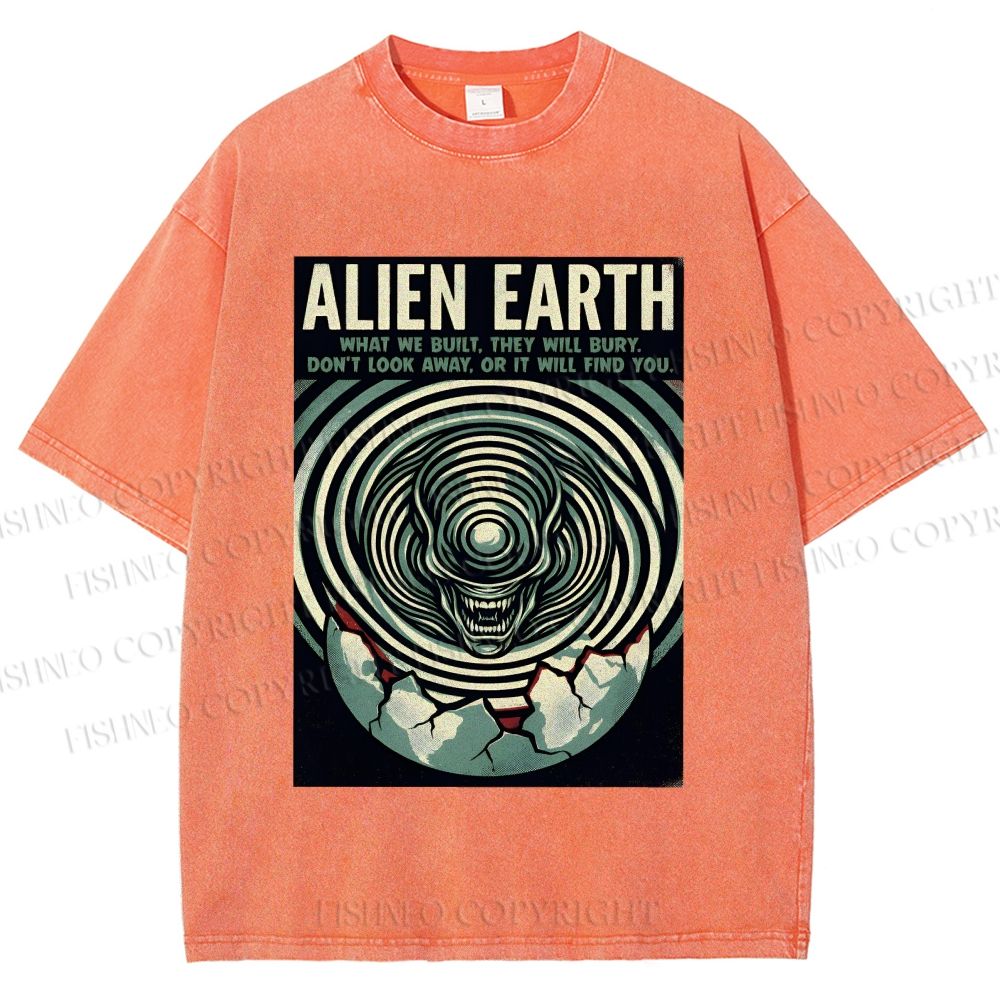 Unisex Alien Earth Poster Printed Washed Tee