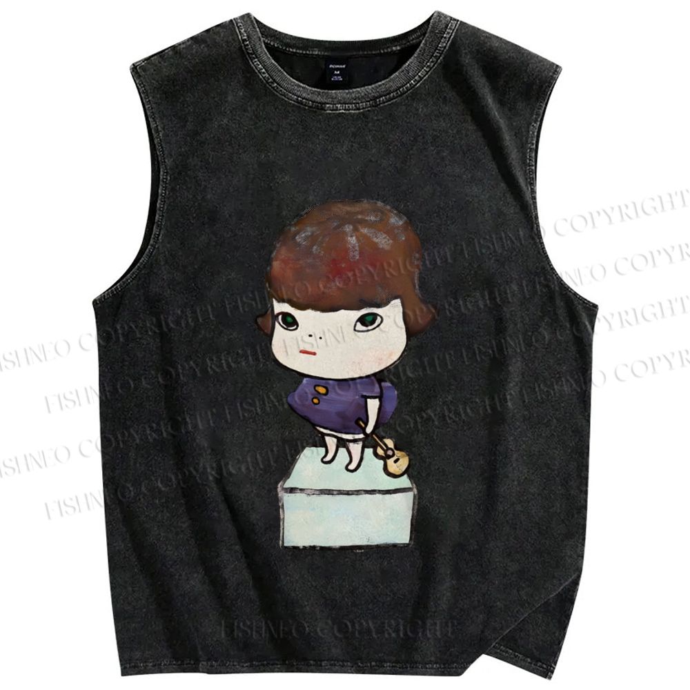 Unisex Yoshitomo Nara Guitar Girl Printed Washed Tank Top