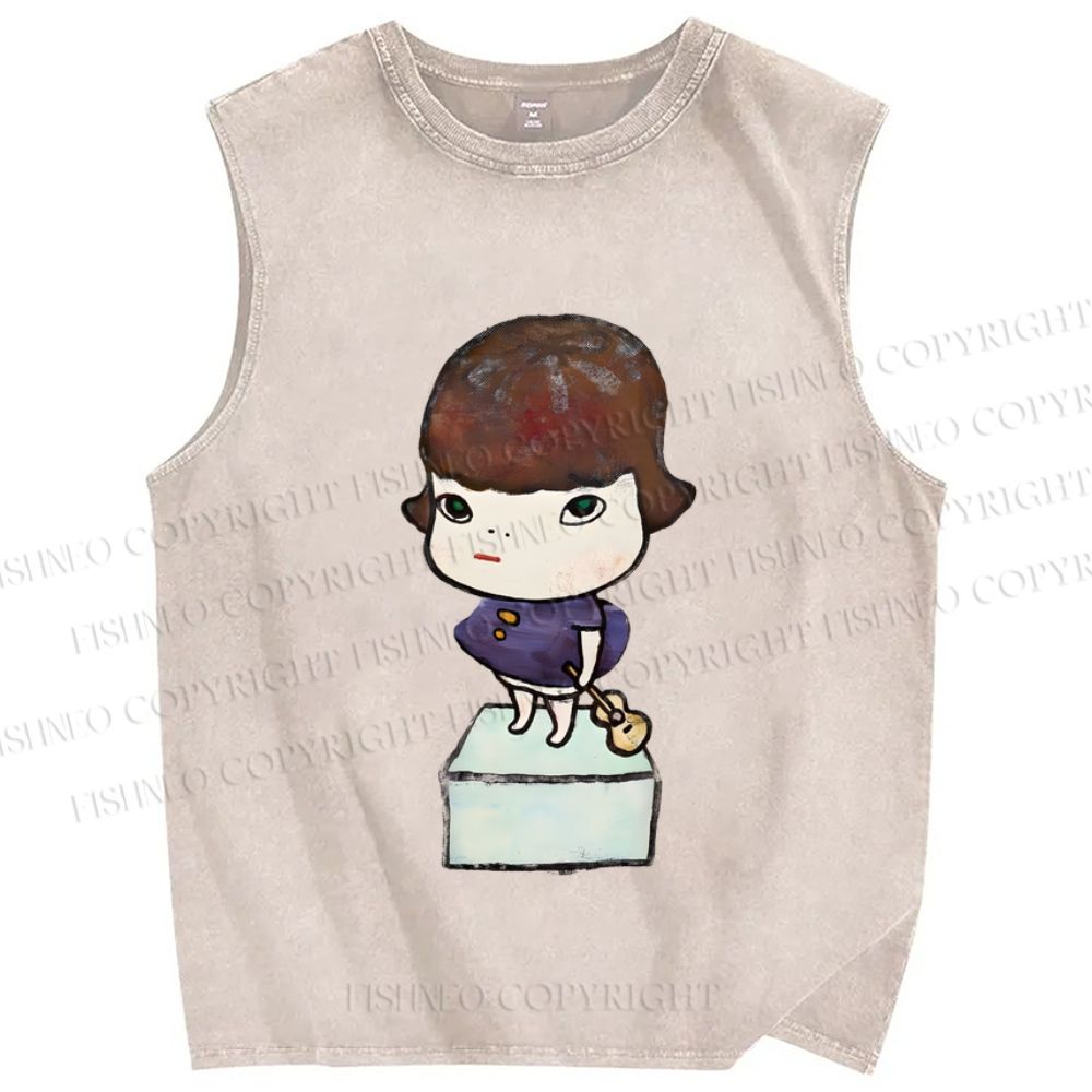 Unisex Yoshitomo Nara Guitar Girl Printed Washed Tank Top
