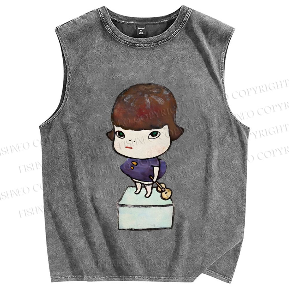 Unisex Yoshitomo Nara Guitar Girl Printed Washed Tank Top