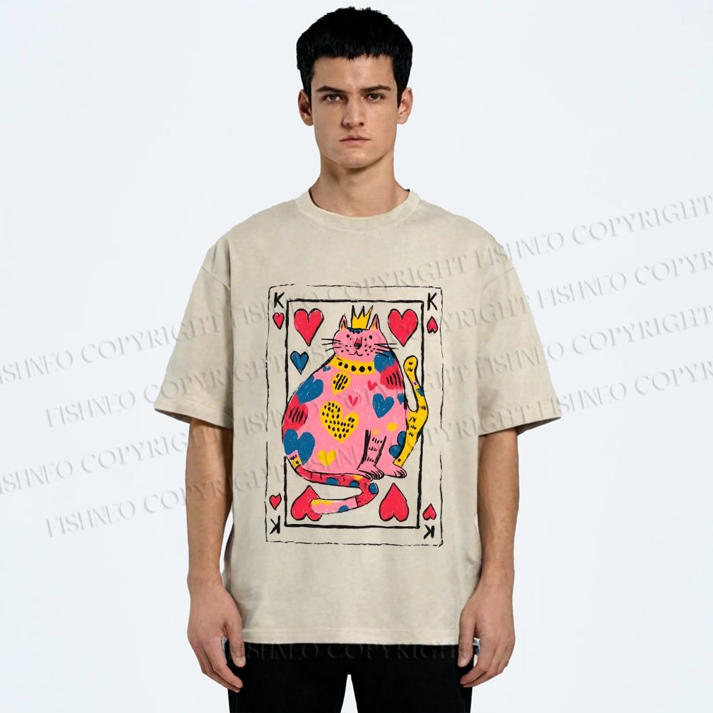 Unisex Valentine's Day Heart Cat Printed Washed Tee