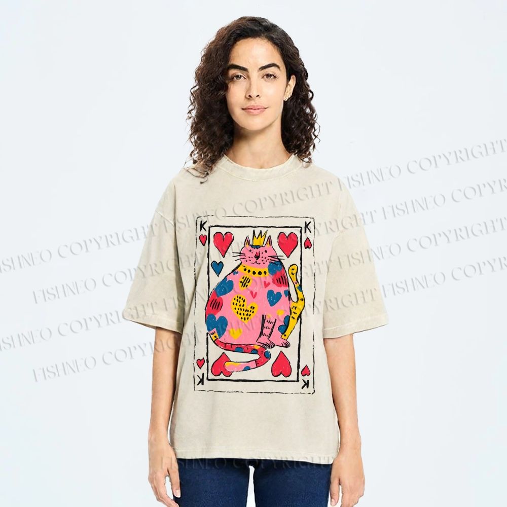 Unisex Valentine's Day Heart Cat Printed Washed Tee