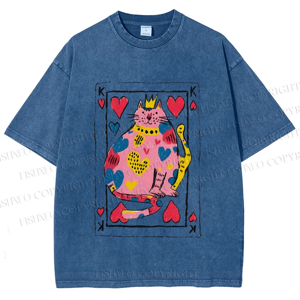 Unisex Valentine's Day Heart Cat Printed Washed Tee