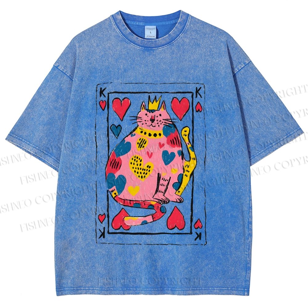 Unisex Valentine's Day Heart Cat Printed Washed Tee