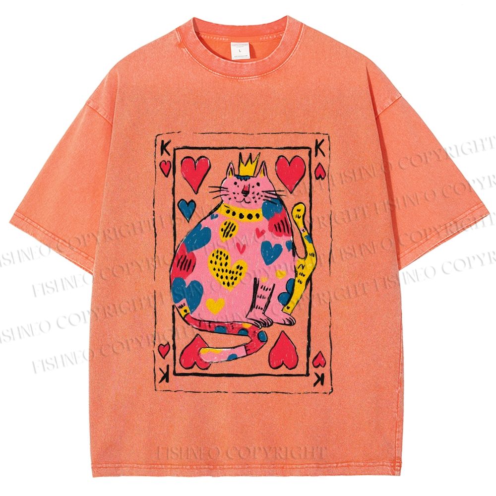Unisex Valentine's Day Heart Cat Printed Washed Tee