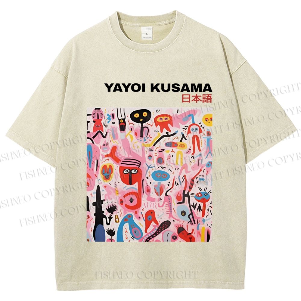 Unisex Yayoi Kusama Pink Funny Graffiti Printed Washed Tee