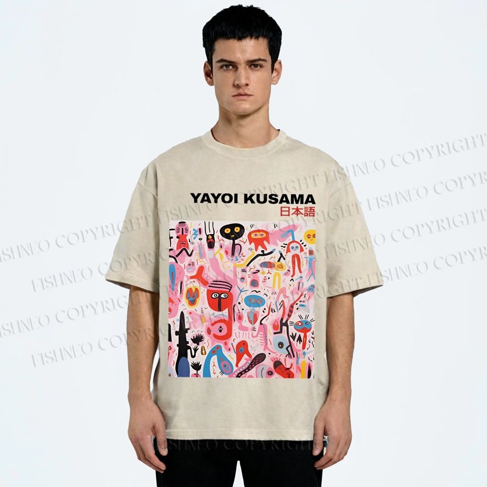 Unisex Yayoi Kusama Pink Funny Graffiti Printed Washed Tee