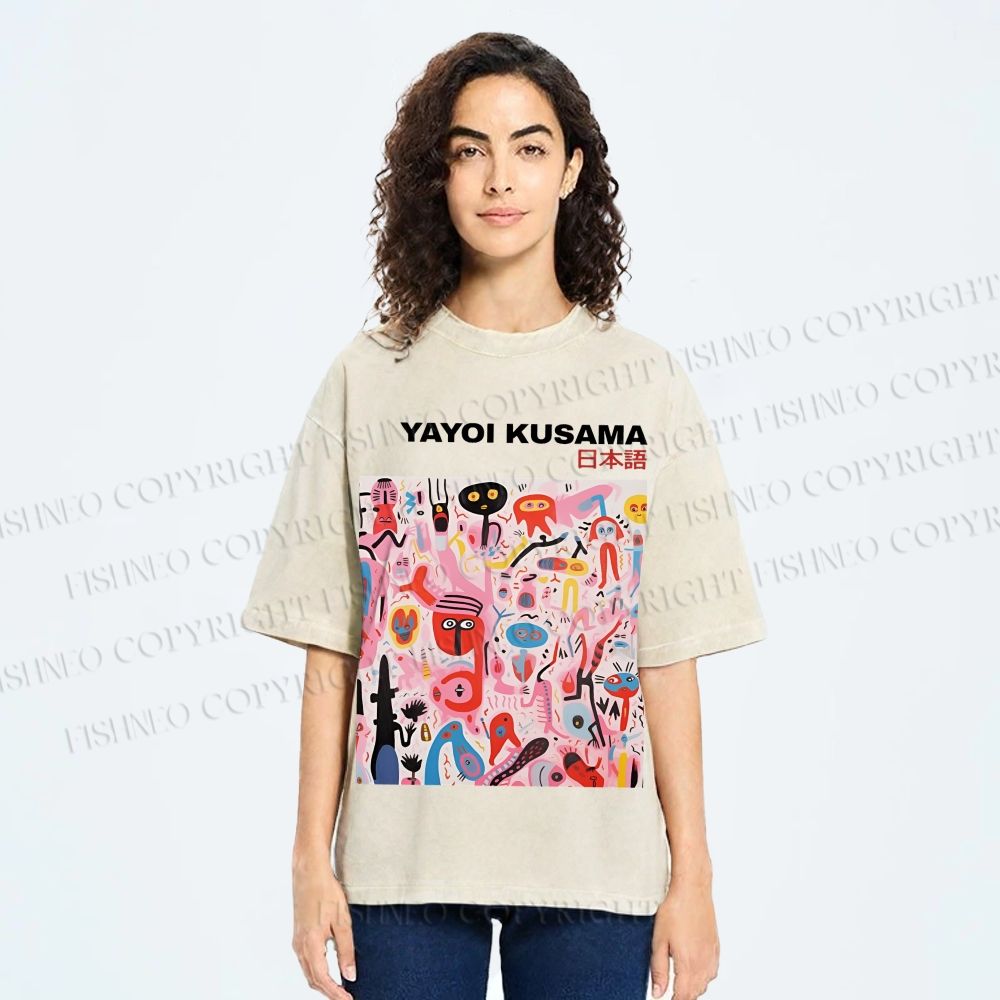 Unisex Yayoi Kusama Pink Funny Graffiti Printed Washed Tee