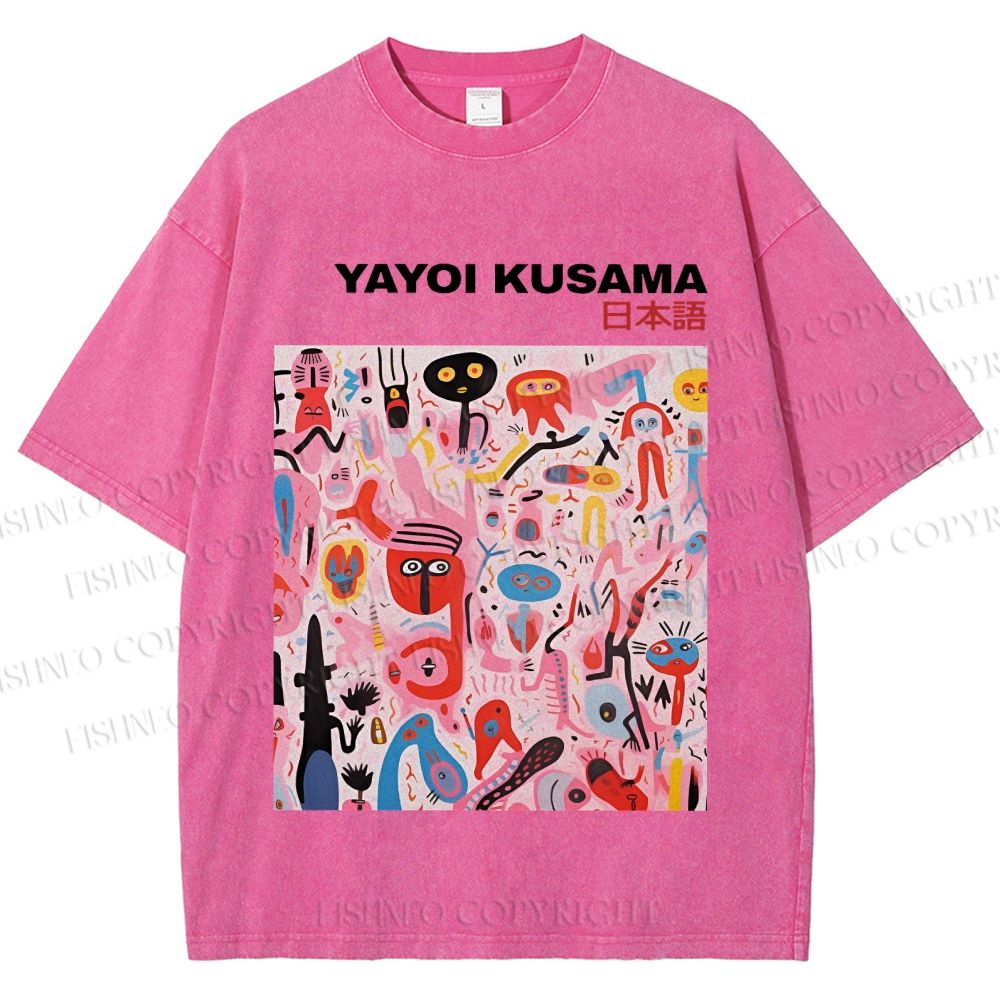 Unisex Yayoi Kusama Pink Funny Graffiti Printed Washed Tee